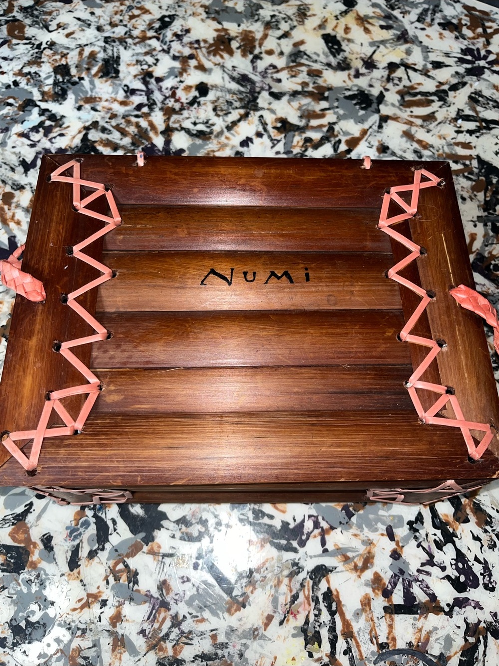 Numi Brown bamboo tea Box with Pink Braided Accents